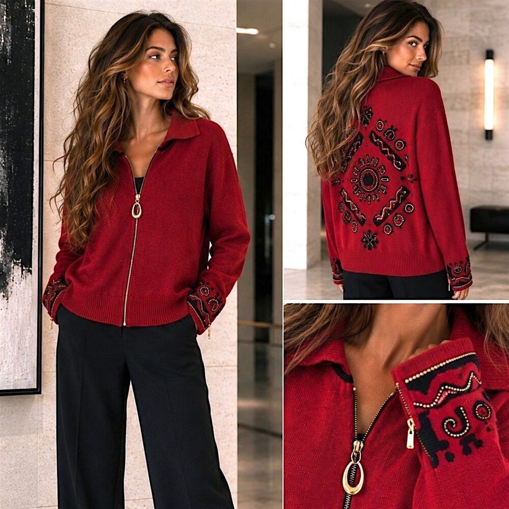 St John Collection M Academia Red Tribal Knit Sweater Zip Cardigan Jacket USA